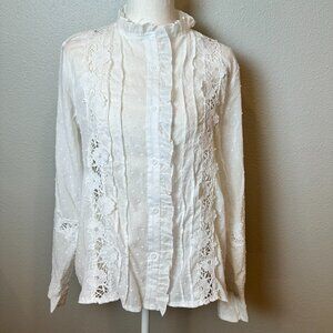 Cottagecore White Swiss Dot Lace Ruffle Blouse - S